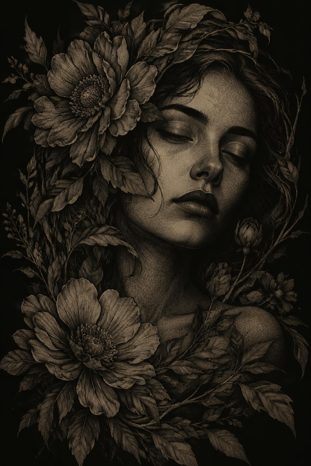 Arte fine-line de uma figura feminina entre flores, em preto